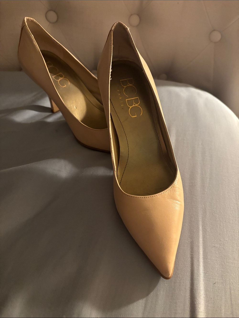 BCBG Nude Pointed-Toe Leather Pumps